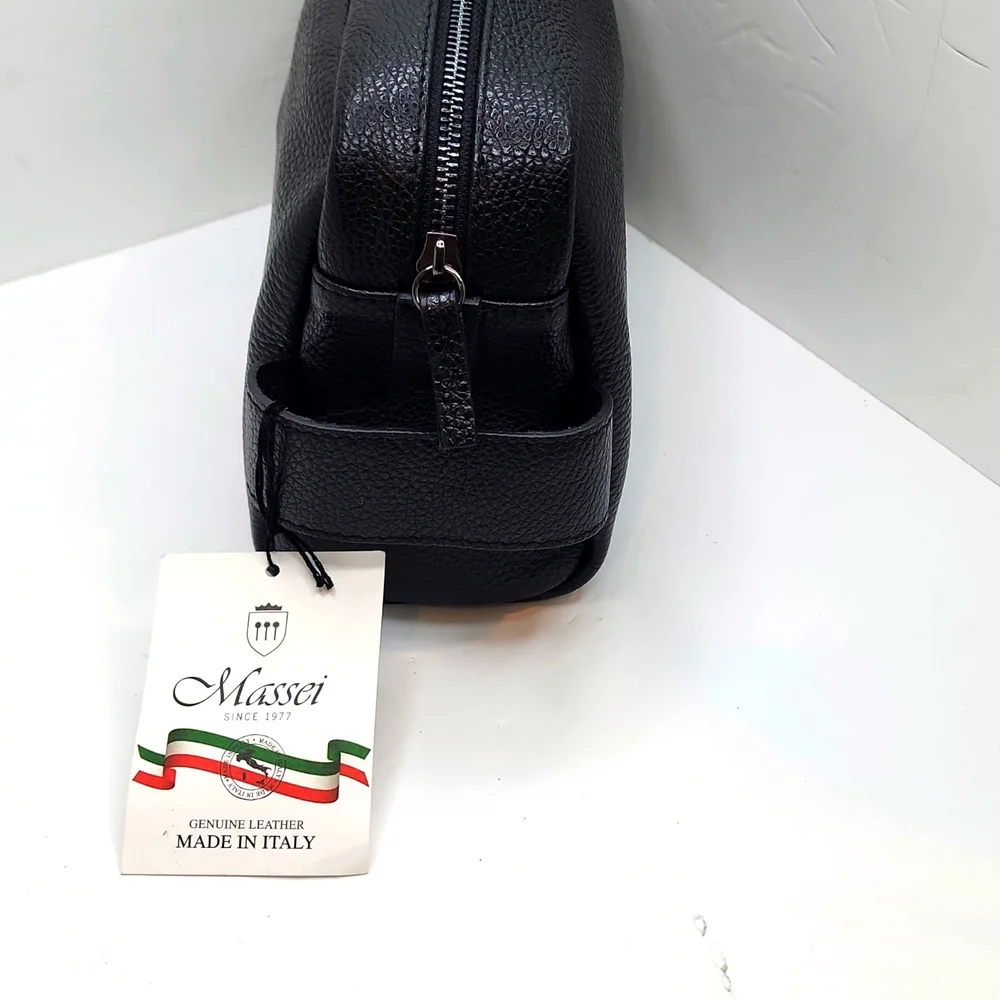 MASSEI, GENUINE LEATHER, MADE IN ITALY, MEN’S TOILETRY BAG, HAND MADE BLACK